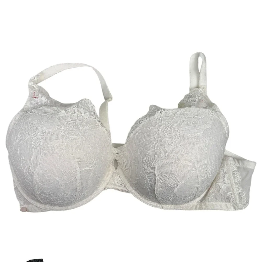 Torrid Curve 2 XO Plunge Push-Up Bra 44D White Red Lace Underwire Crisscross 351